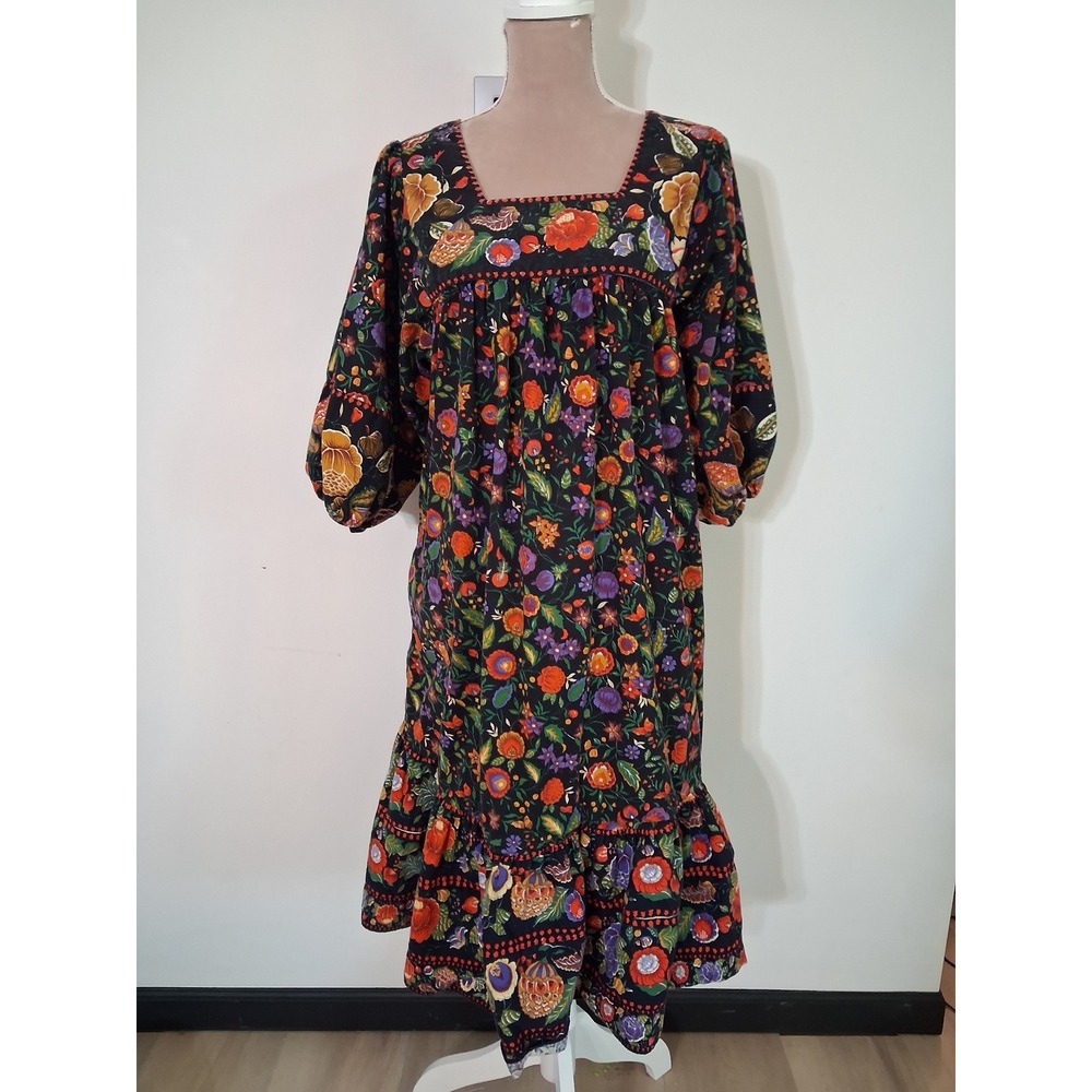 Vtg Passports Pier 1 Imports Floral Cotton Midi Dress Black Boho Tiered Medium